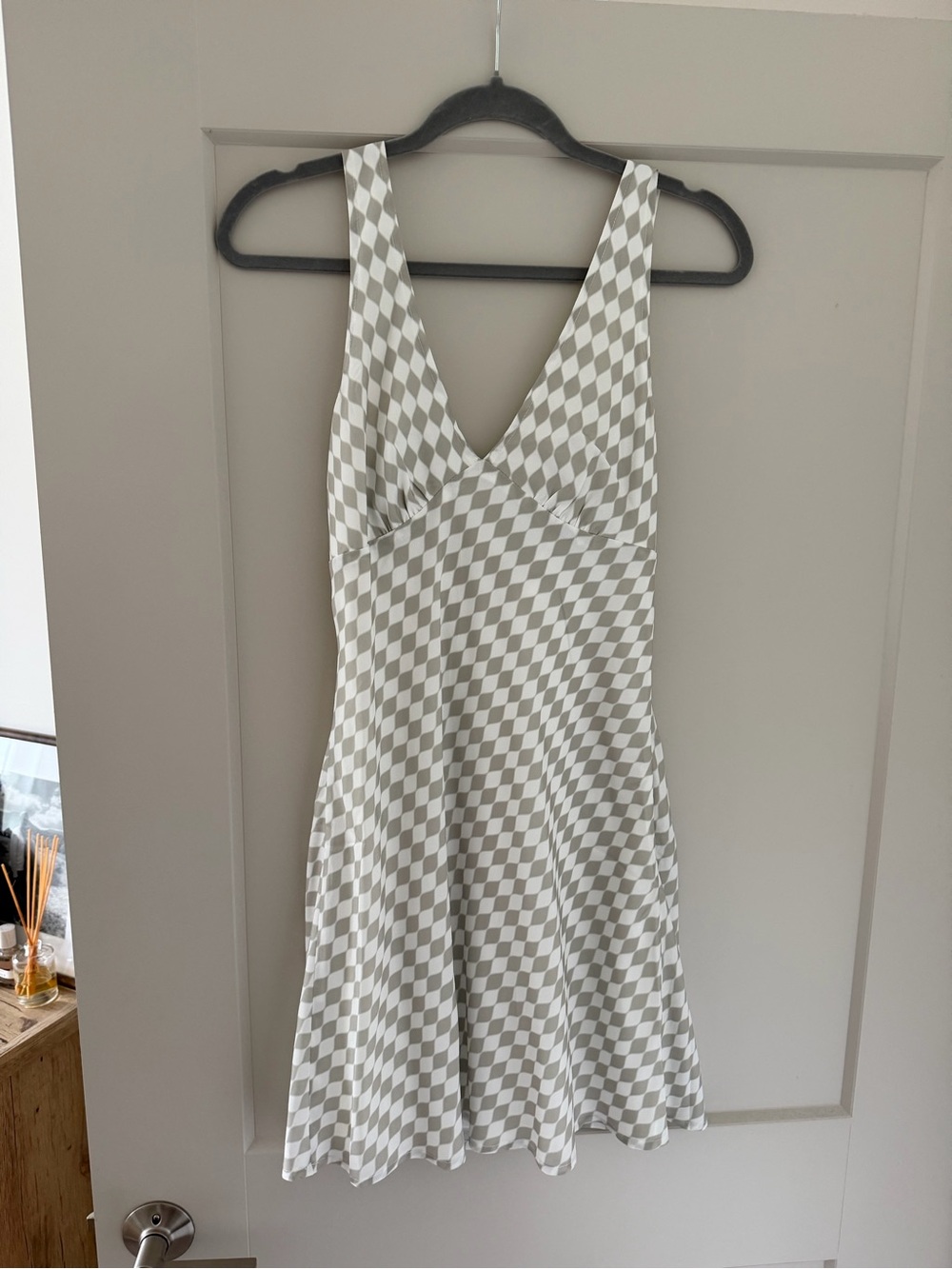 V-Neck Checkerboard Mini Dress in Gray and White